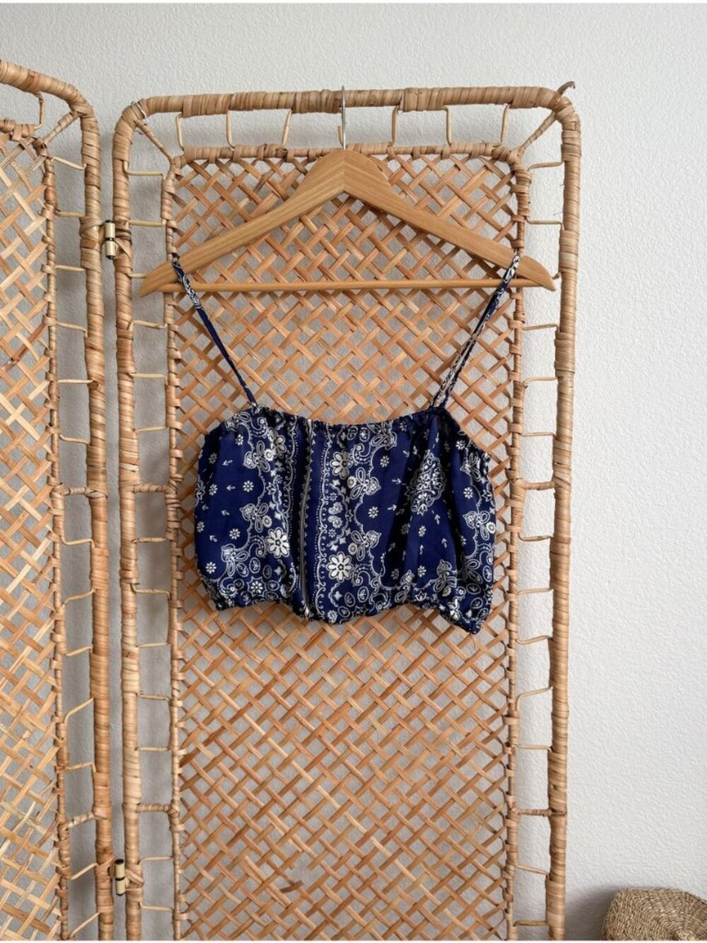 Janet Chung Bandana Paisley Print Satin Ruffle Hem Cami Crop Top Navy Blue